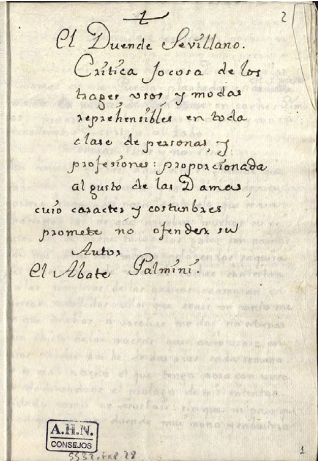 Portada del manuscrito de el duende sevillano (ahn, consejos, leg. 5532, exp. 28)